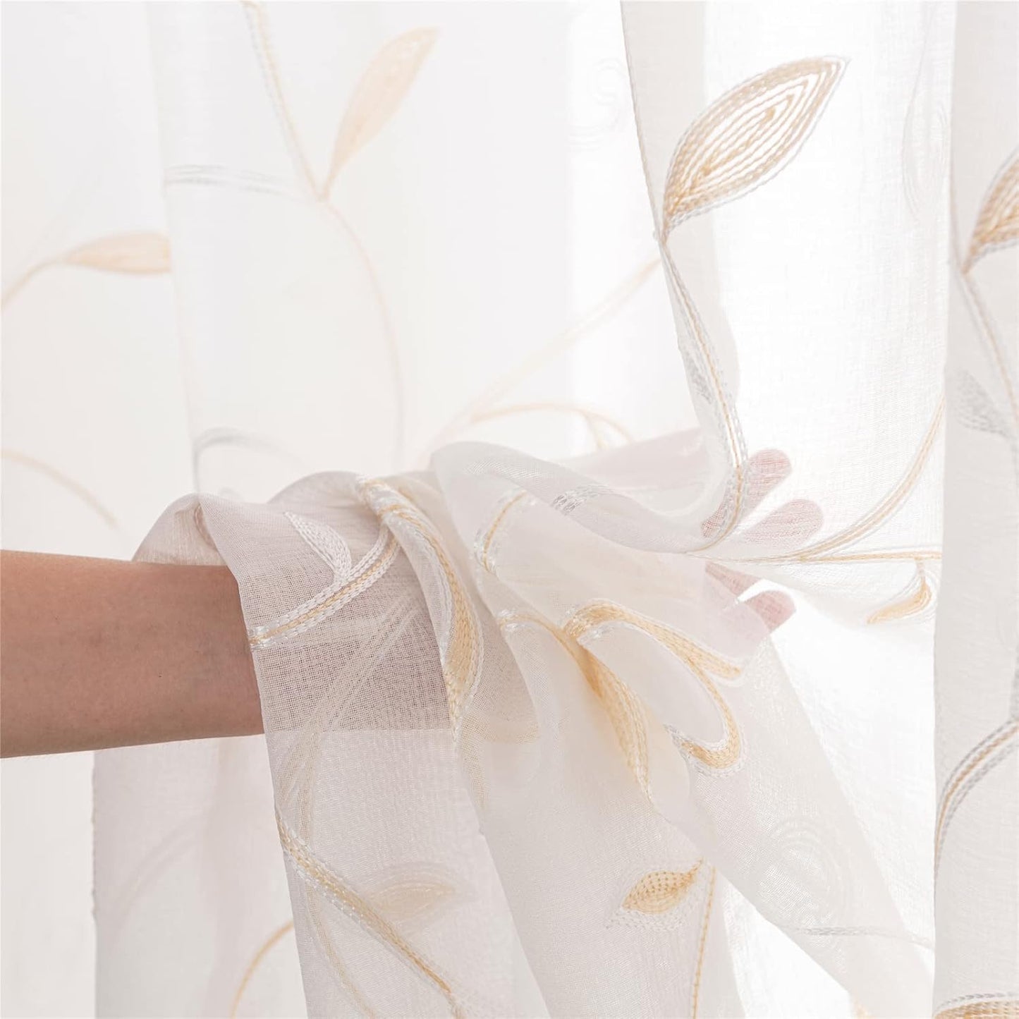 VISIONTEX White Sheer Voile Curtains, Decorative Beige Leaves Embroidery Faux Linen Rod Pocket Window Drapes for Home Kitchen, Living Room and Bedroom 54 x 72 Inch, Set of 2 Curtain Panels
