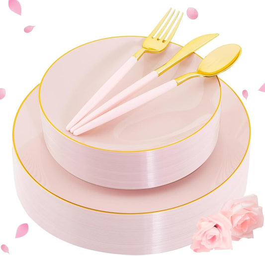 Liacere 150PCS Plastic Plates-Gold Plastic Silverware with Pink Handle - Pink Disposable Plates Include 30 Guests Plates, Forks, Spoons, Knives for Wedding ＆ Easter Day ＆Mother's Day