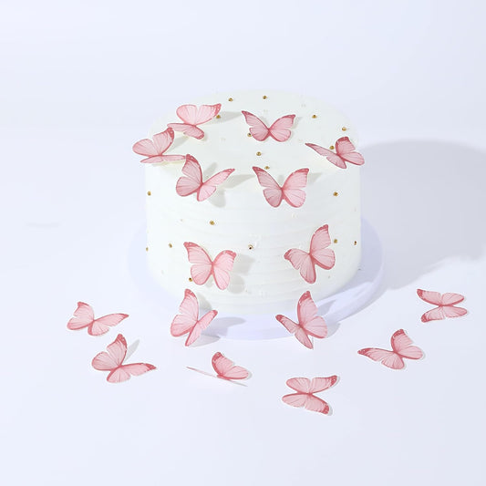 48Pcs Edible Butterflies for Cake Decorations Pink Wafer Paper Butterfly Cupcake Toppers Wafer Glutinous Paper Butterflies for Wedding Baby Shower Kids Birthday Party Cupcakes Decorating (Pink)