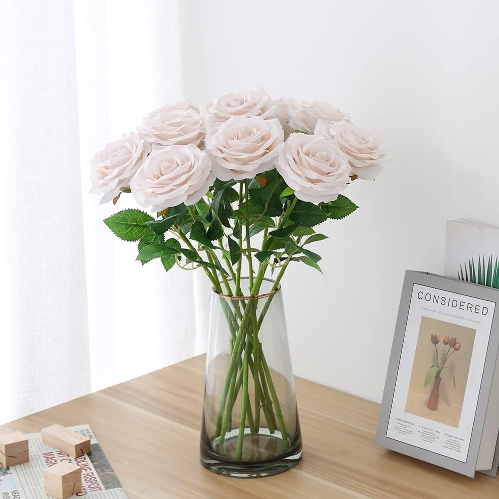 Artificial Rose 10pcs Open Flower Bouquet Faux Rose Stems for Wedding Arrangement, Bridal Bouquet, Centerpiece, Fake Faux Silk Flowers (Nude)