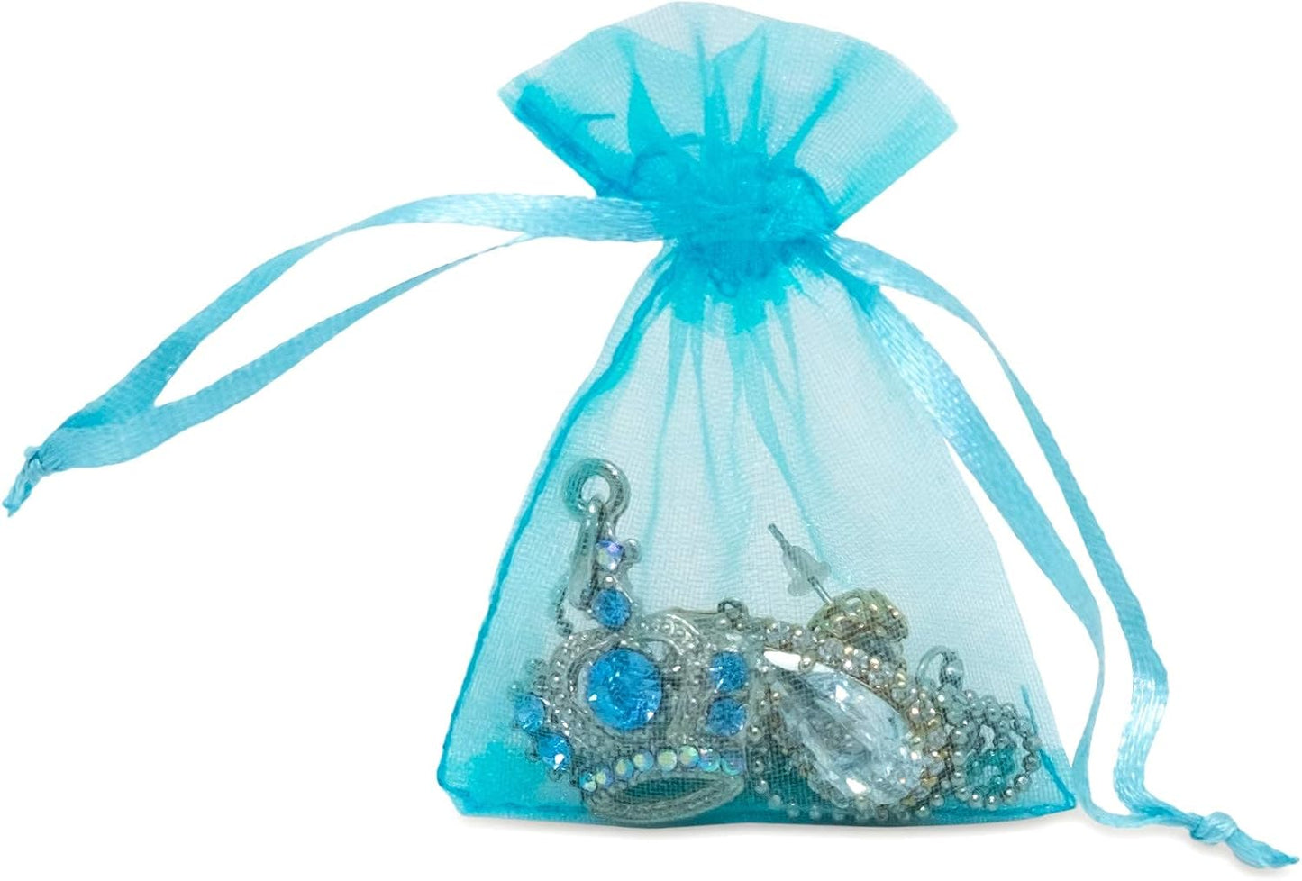 TheDisplayGuys 100-Pack XS 2" x 2 3/4" Turquoise Blue Sheer Organza Gift Bags with Drawstring, Jewelry Candy Treat Wedding Party Favors Mesh Pouch