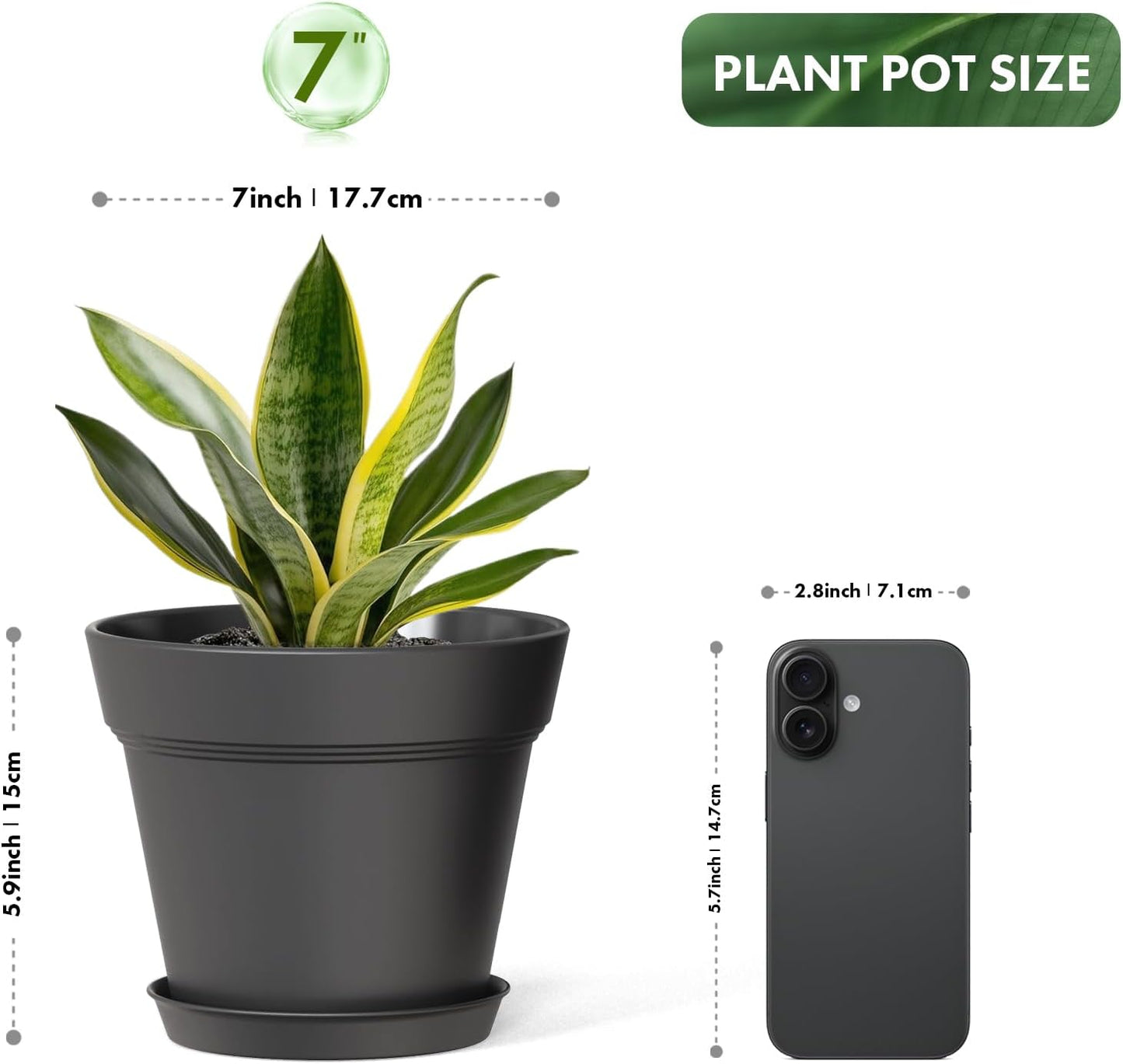 7 Inch Thick Plastic Plant Pots with Drainage Holes and Trays – 6 Pack Nursery Pots for Indoor & Outdoor House Plants, Seedling Starter Planters for Garden Flowers, Matte Black