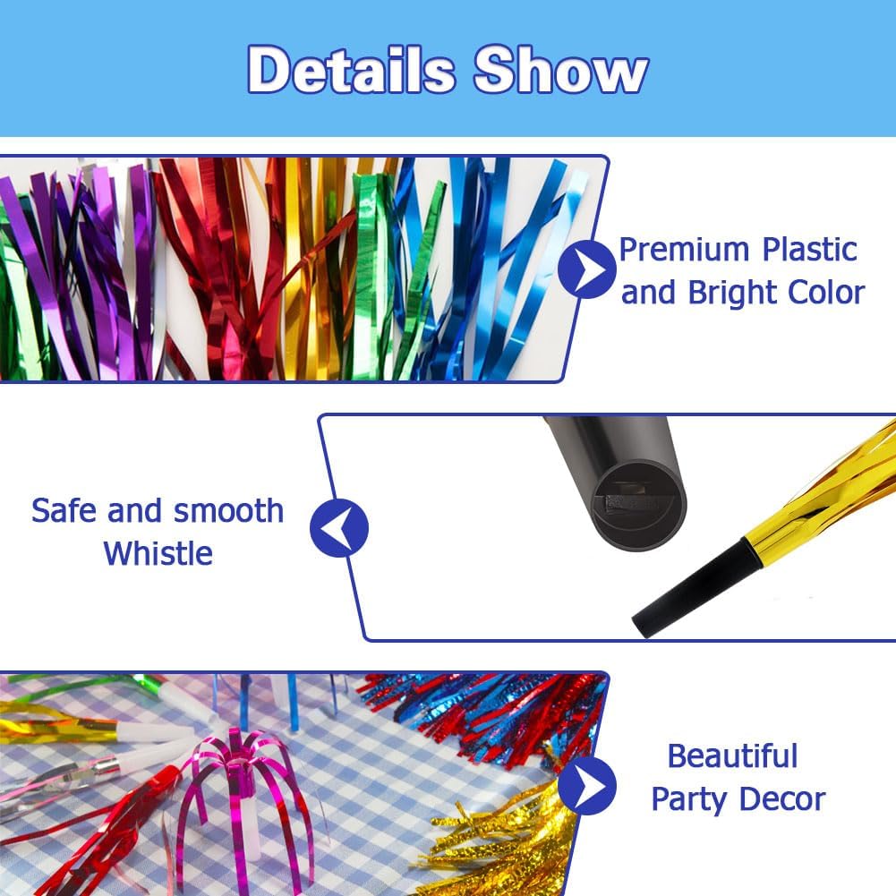 Lovecheer 24/60PCS Glitter Noise Makers Metallic Fringed Party Blowers for Adults Birthday Wedding Graduation 2025 New Years Musical Blowouts