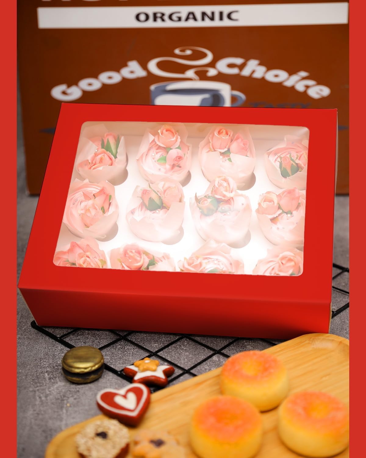 Bakepacker 12 Cupcake Containers 10-Packs Red Cupcake Box Cupcakes Carrier, 12 Cupcake Boxes with Window 13"x10"x3.5"（Auto-pop up）