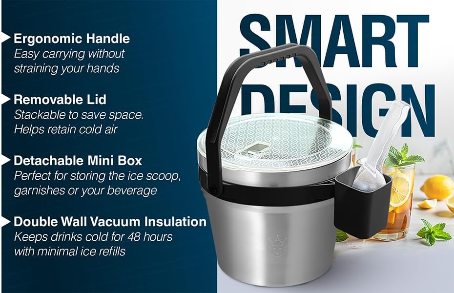 Insulated Ice Bucket with Lid & Scoop-XL Double-Walled, bar Essentials for Entertaining, Holiday Party, Stainless Steel Wine Chiller, Beverage Tub with Handle, Bottle Opener, Great Gift(Steel Black)