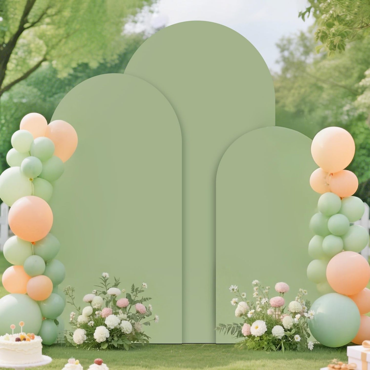 FUHSY Wedding Arch Backdrop Stand and Sage Green Arch Cover Set of 3 (6FT, 5FT, 4FT) Metal Arches Stable Frame Stands with Spandex Backdrop Cover for Birthday Party Bridal Baby Shower Decor