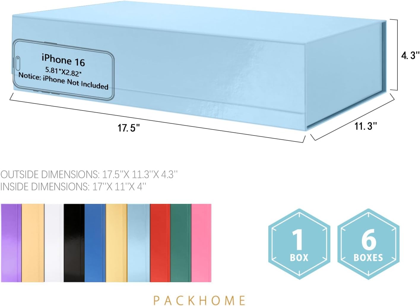 PACKHOME 6 Extra Large Gift Boxes 17.5x11.3x4.3 Inches, Sturdy Shirt Boxes with Magnetic Lids for Clothes and Large Gifts (Glossy Light Blue)