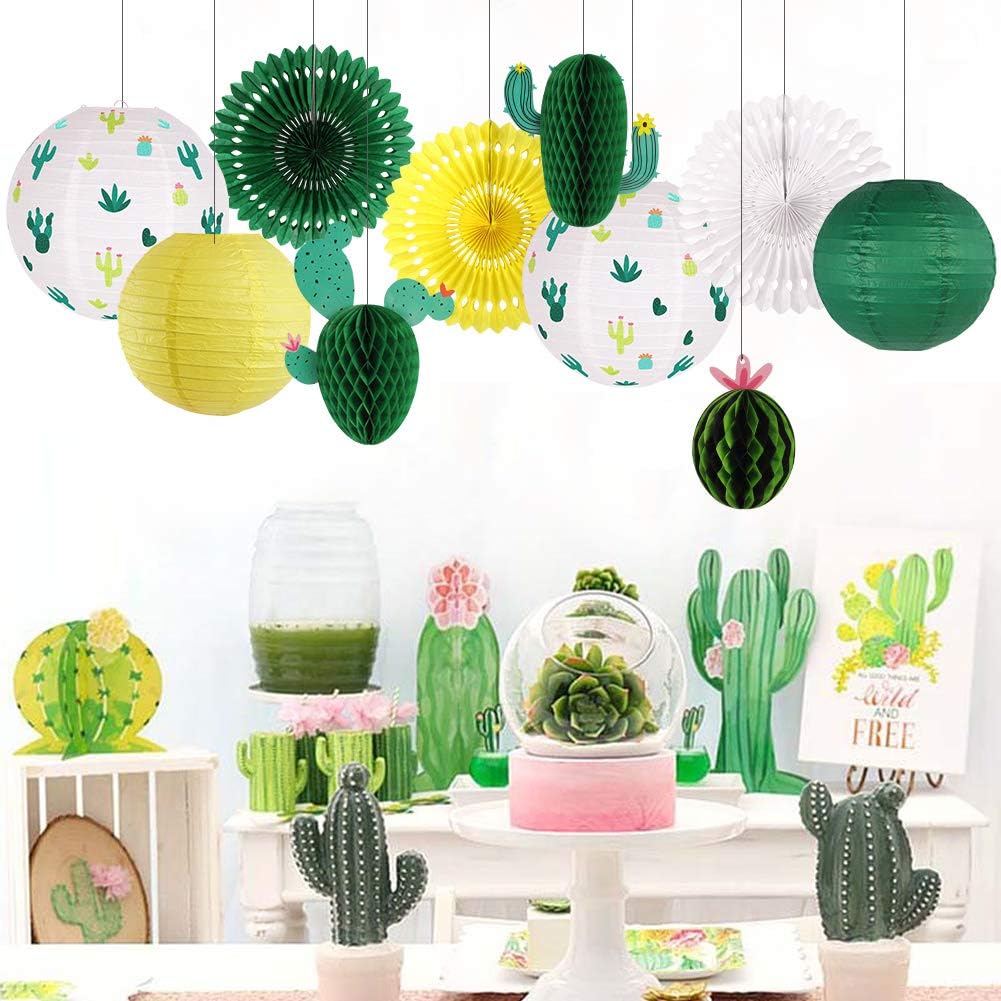 Cactus Party Decorations, Hawaiian Party Supplies Tropical Hanging Paper Lanterns Cactus Honeycomb Tissue Paper Fans for Llama Birthday Luau Party Decorations (Green)