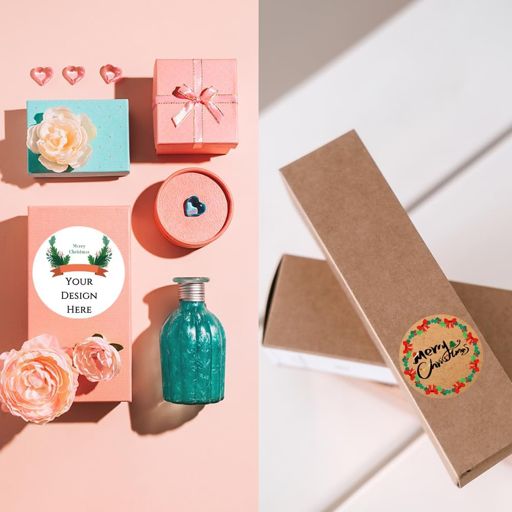 100-1000pcs Custom Stickers Merry Christmas Stickers Personalized Labels Adhesive Xmas Decorative Envelope Seals Stickers for Cards Gift Boxes(Round Kraft-12)