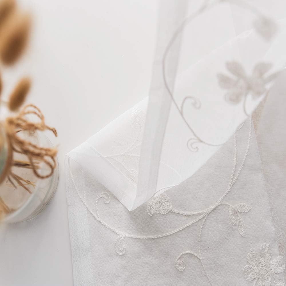 Floral Embroidery Sheer Curtains White 45 Inch Length, Rod Pocket Voile Drapes for Living room, Bedroom, Window Treatments Semi Crinkle Curtain Panels for Yard, Villa, Parlor, Set of 2, 52"x 45".