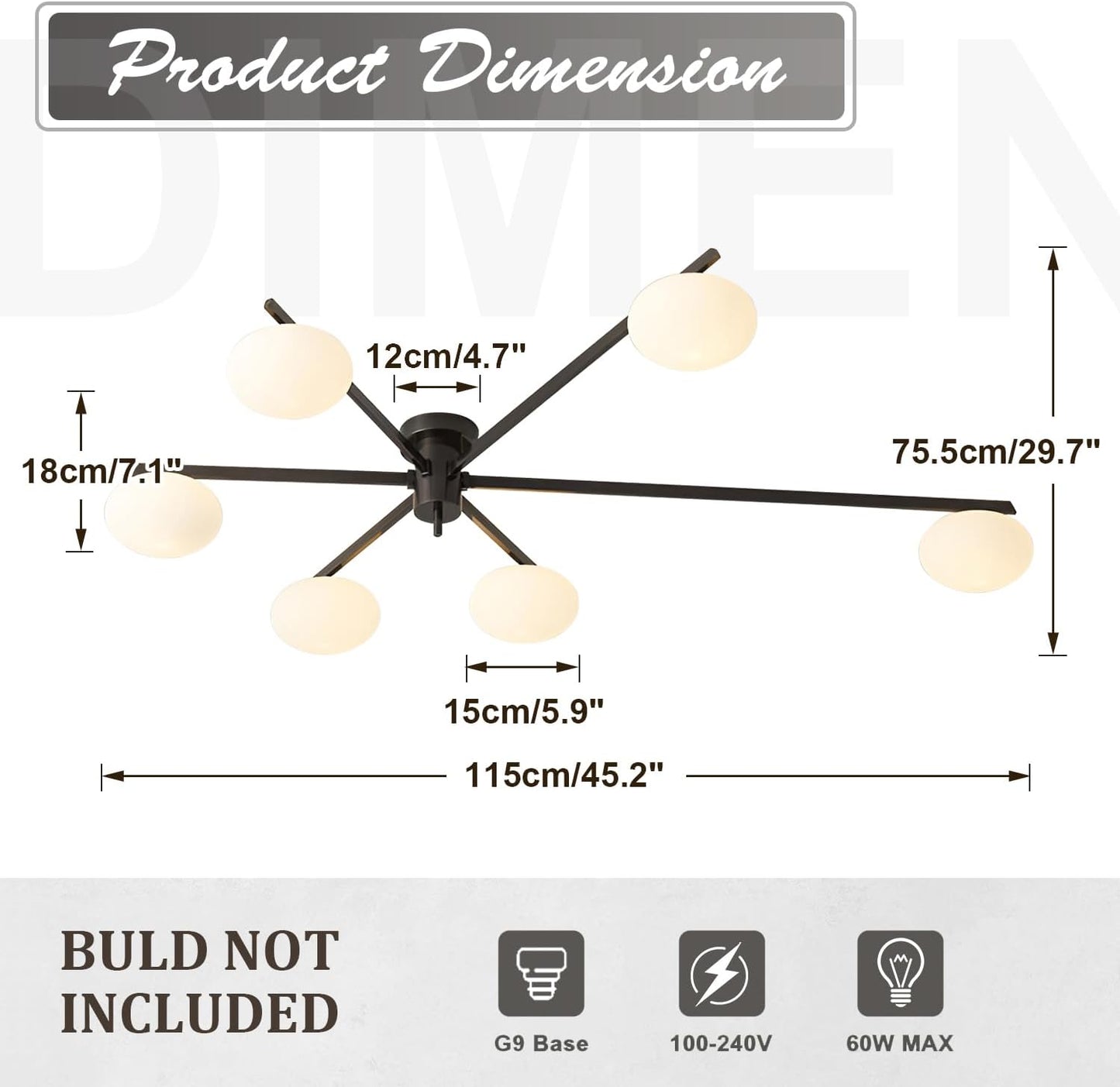 6-Light Mid Century Semi Flush Mount Black Matte Sputnik Chandelier Fixtures with Milk Glass Shade for Foyer MCL01-6 BK