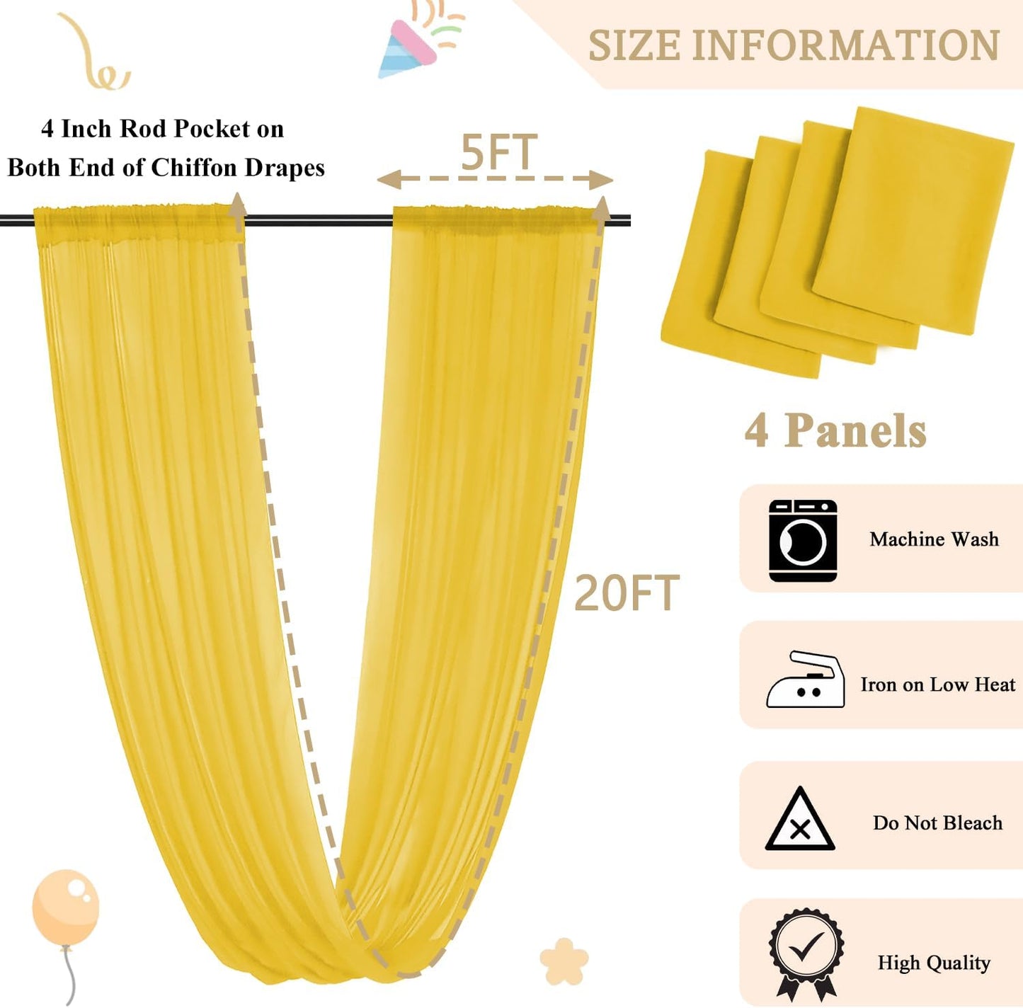 MODFUNS Ceiling Drapes for Parties Gold Ceiling Draping Fabric 5x20ft 4 Panels Sheer Wedding Arch Drapery Chiffon Stage Curtain Tent Ceiling Drape for Reception Banquet Arbor Ceiling Decoration