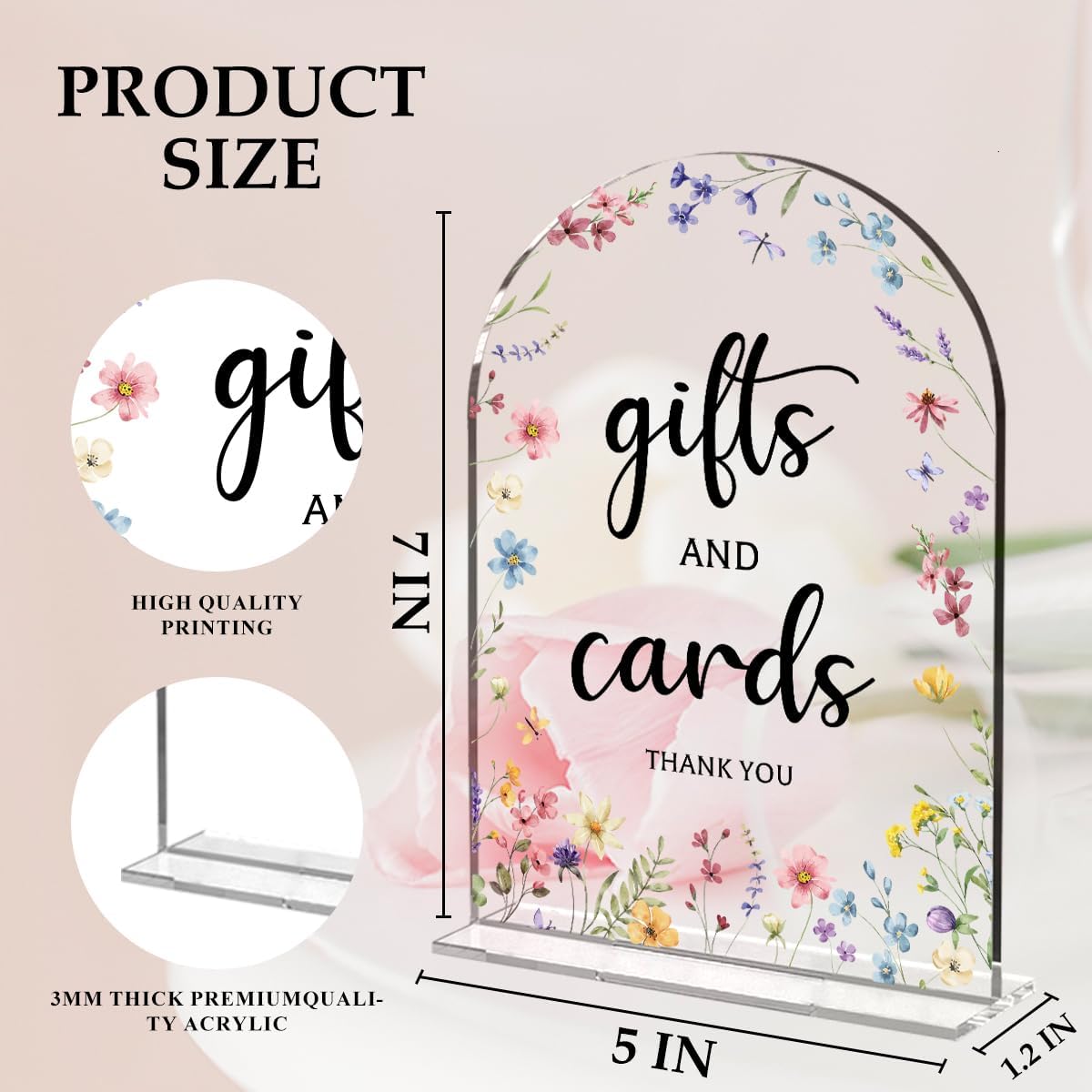 Cards And Gifts Sign, Arch Acrylic Wedding Sign, 5x7 Inch, Wedding Sign Decoration for Wedding Reception & Event Party Table, Bridal Shower Baby Shower Favors for Guests (Flower)