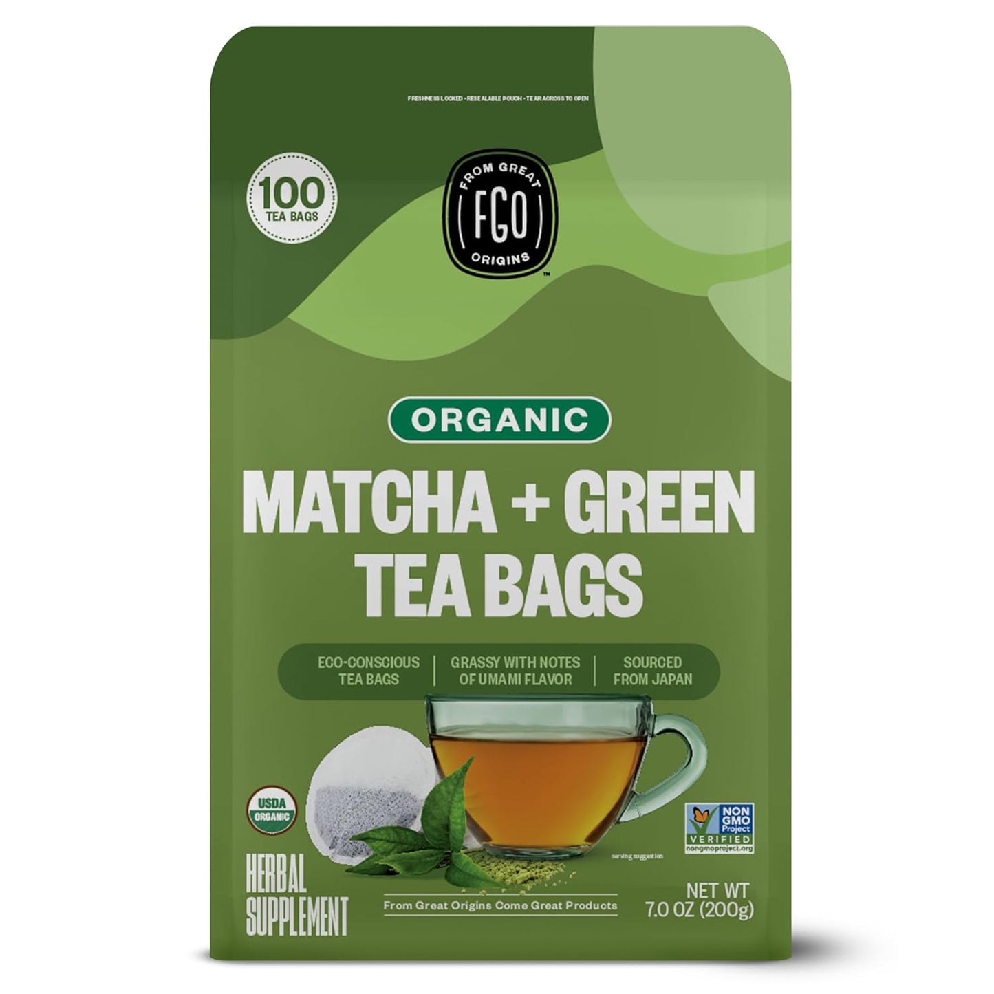 FGO Organic Japanese Matcha + Green Tea, 100 Count, Eco-Conscious Tea Bags, Resealable Bag, Packaging May Vary (Pack of 1)