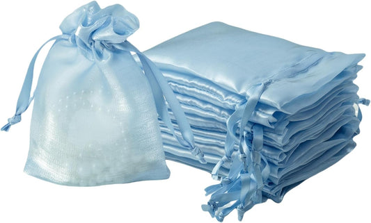 QIANF 20 Pcs Blue Small Organza Bags 3X4 inch for Wedding Favors with Drawstring, Mini Mesh Gift Bags Jewelry Pouch for Candy Bridal Shower Party Favor Baby Shower Christmas