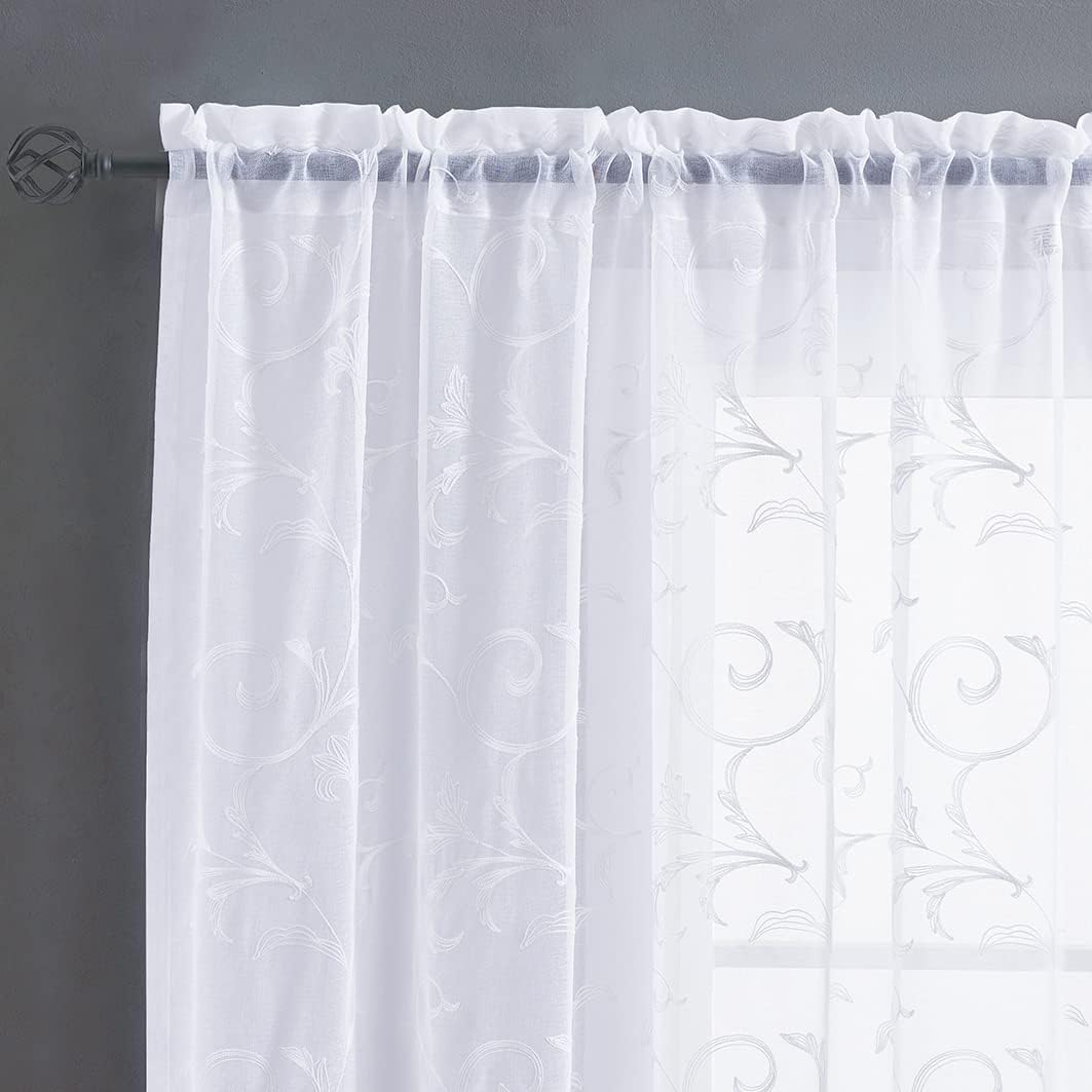 Sheer Curtains White 95 Inches Vintage Embroidered Floral, Window Treatments Rod Pocket Drapes for Living room, Bedroom, Semi Crinkle Voile Curtain Panels for Yard, Villa, Parlor, Set of 2, 52"x95".