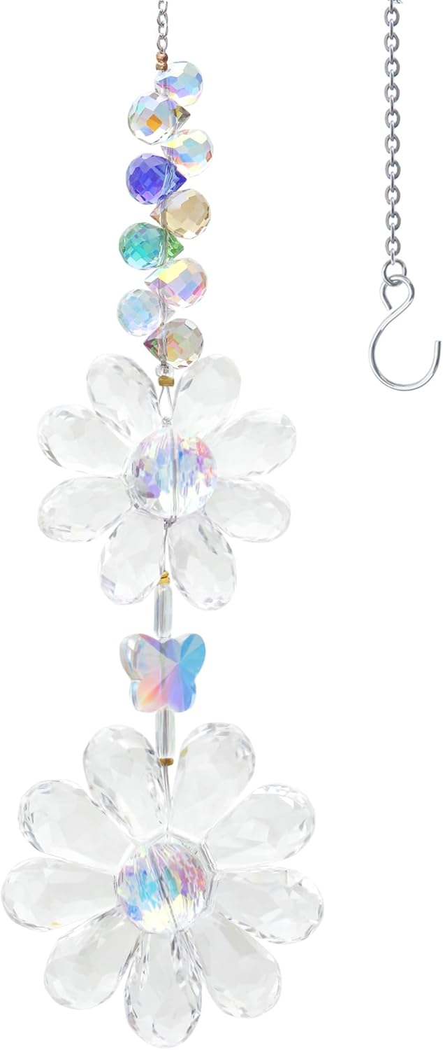 Crystal Flower Suncatcher Hanging Ornament, Rainbow Maker Window Sun Catcher Indoor Outdoor Patio Garden Decor (Clear)