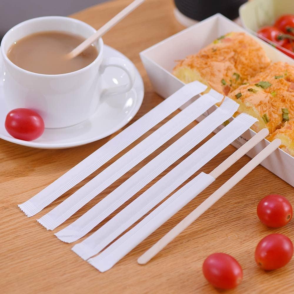 200pcs Individually Wrapped Coffee Stirrers Wood - 5.5" Coffee Stir Sticks, Round End Disposable coffee stirrer, For Coffee, Cocktail and Hot Drinks