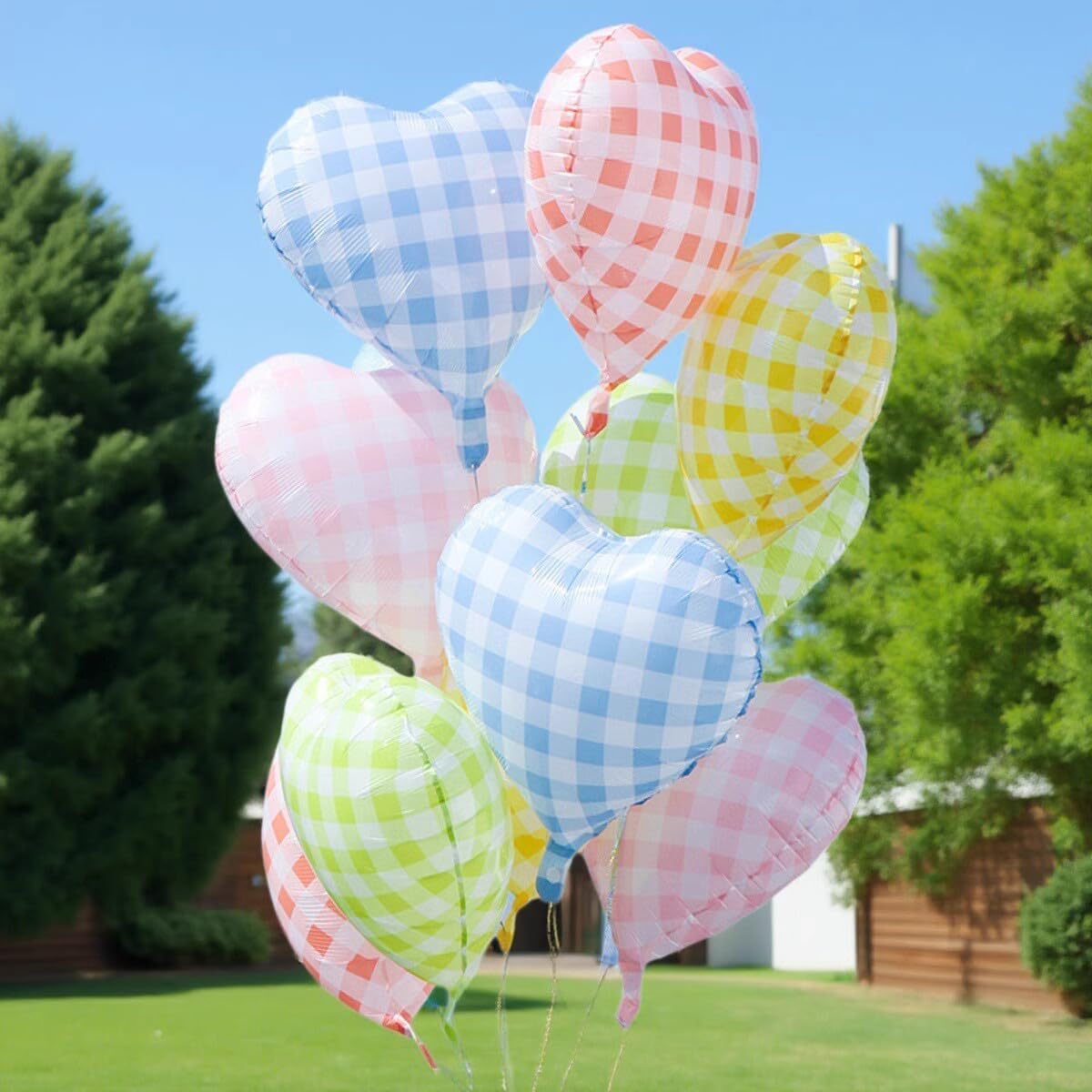 Colorful Checkered Heart Balloons,12Pcs 18Inch Rainbow Grid Heart Shaped Foil Helium Polyester Film Balloons for One Silly Goose Birthday Baby Shower Party Decorations