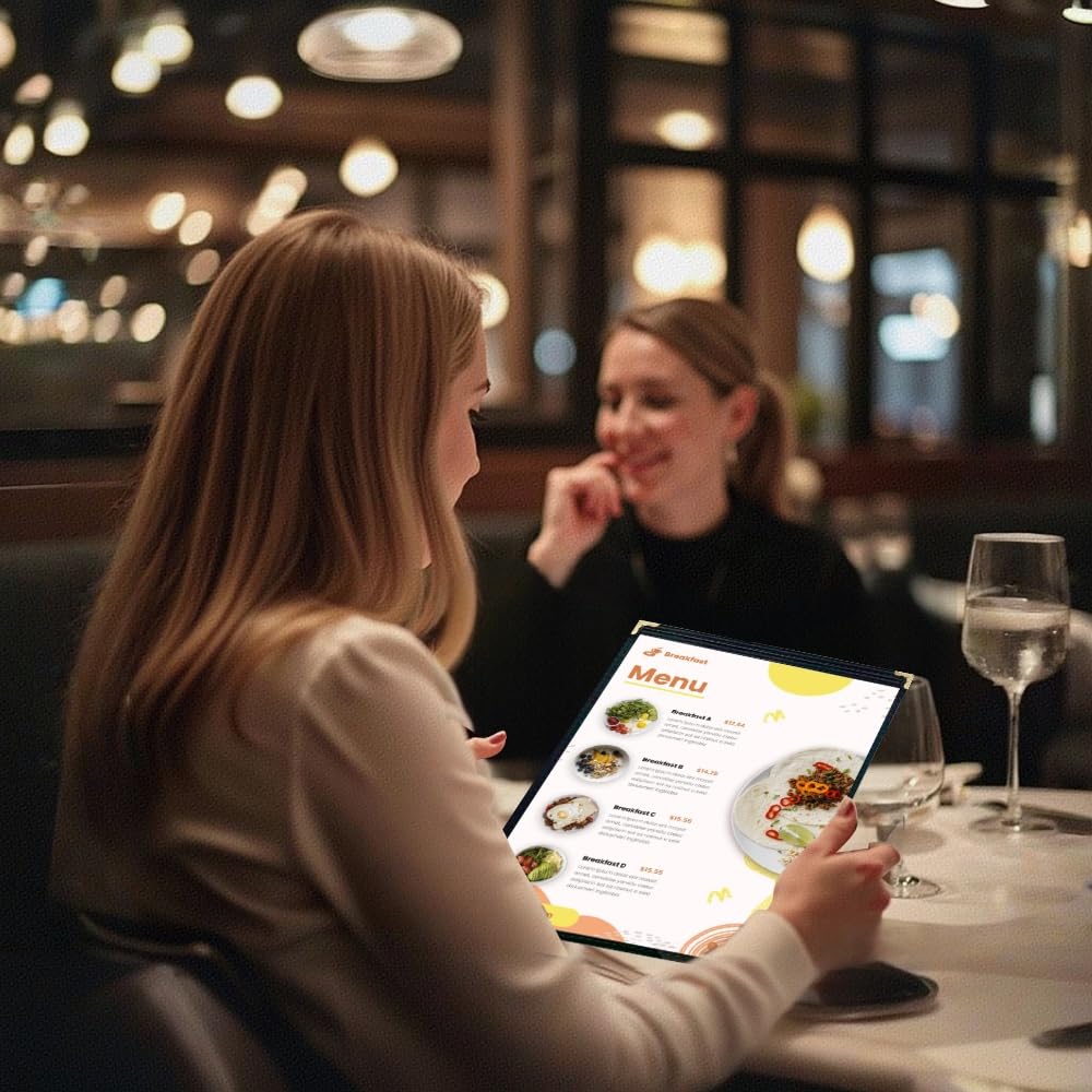 Goodsmart Restaurant Menu Covers – 25 Pack Black 6-View Trifold 8.5" x 14", Side-Loading Vinyl & Plastic Menu Holders, Clear Menu Sleeves, Leather-Style Café Covers with Gold Corners