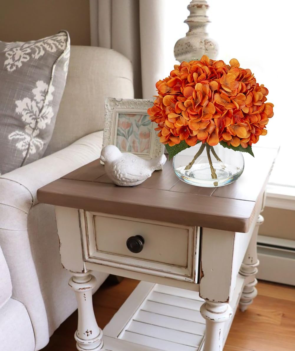 Hollyone Orange Fall Hydrangea Artificial Flowers for Decoration with Vase Silk Fake Flowers Arrangements in Glass Vase with Faux Water Autumn Festival Table Centerpiece Fall Decorations for Home
