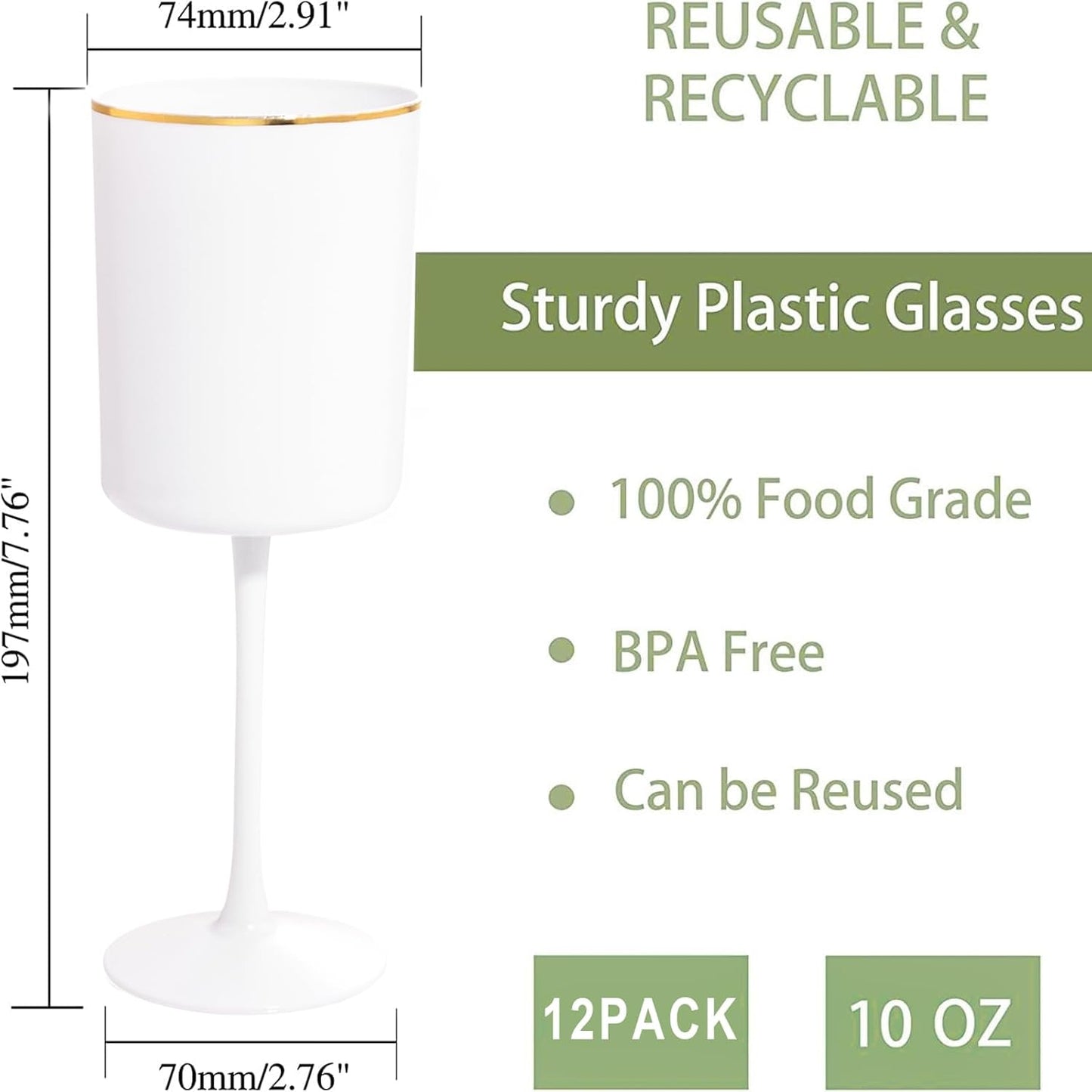 Ciaell 12 Pack White Plastic Wine Glasses with Stem - 10 Oz White and Gold Disposable Wine Glasses for Parties & Weddings & Poolside & Toasting & Outdoors & Graduation