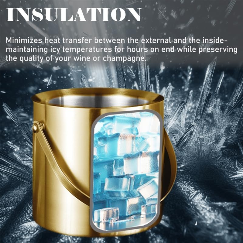 Gold Ice Bucket with Lid, Handle and Tong Insulated Stainless Steel Champagne Bucket 3L Wine Bucket for Party Bar Cart Accessories Large Double Wall Bucket Keep Frozen