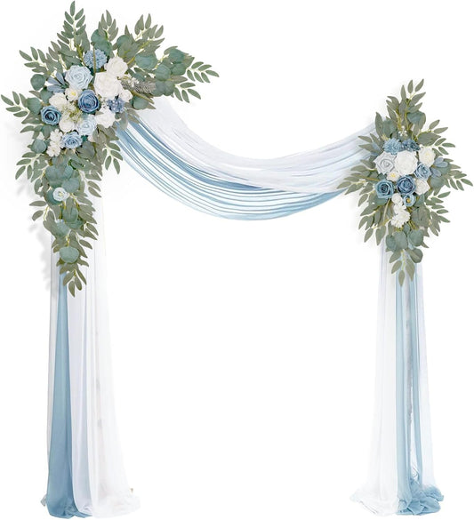 Artificial Arch Flowers Kit(Pack of 4),2Pcs Artificial Flower Arch Decor, 2Pcs Drapes, Ceremony and Reception Background Rose Decoration, Grayish Blue Floral Outdoor Party Decor