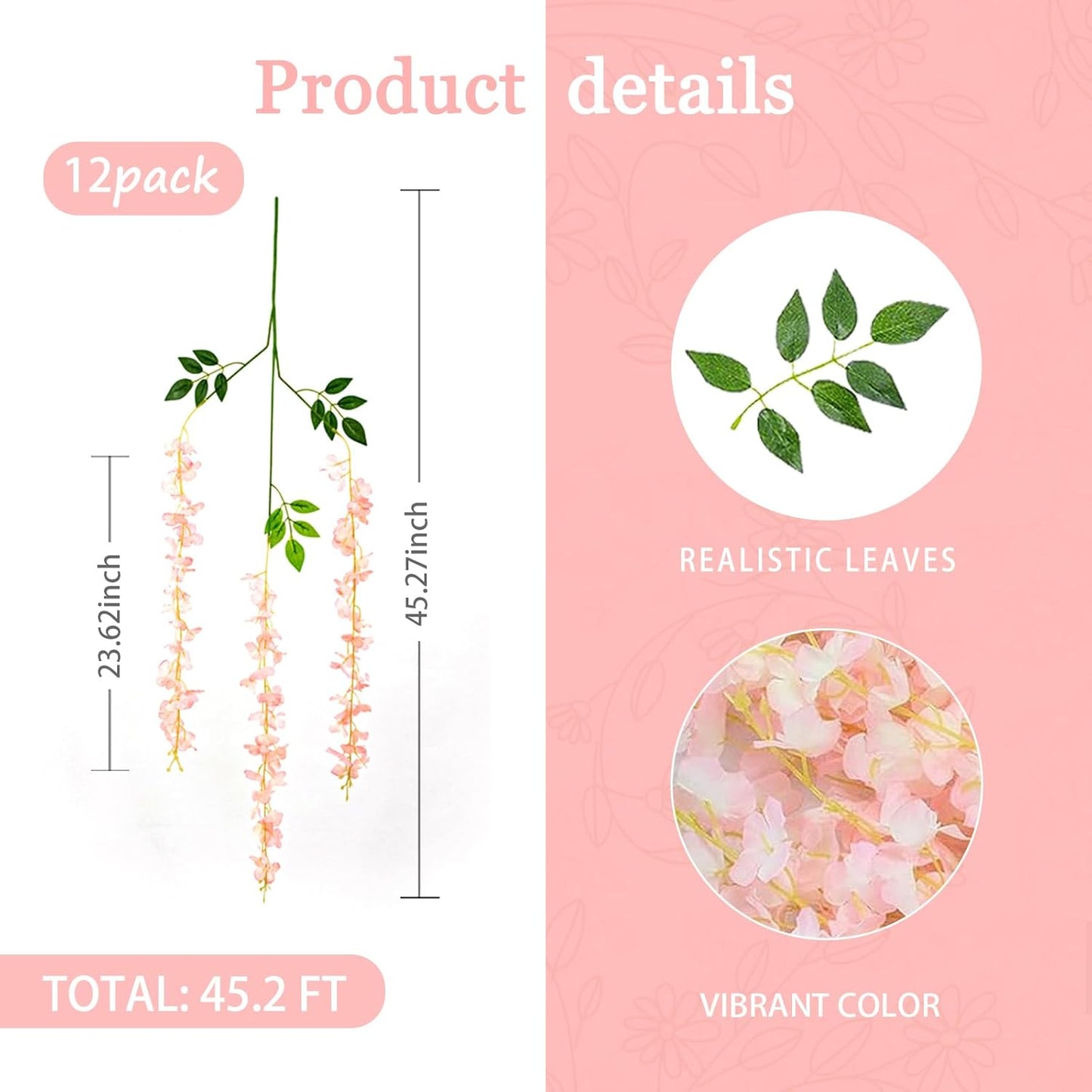 12 Pack Light Pink Wisteria Hanging Flowers Garland, 3.77 Feet Artificial Flower Vines, Fake Wisteria, Artificial Vines Hanging Garland for Backdrop Outdoor Yard Garden Decor