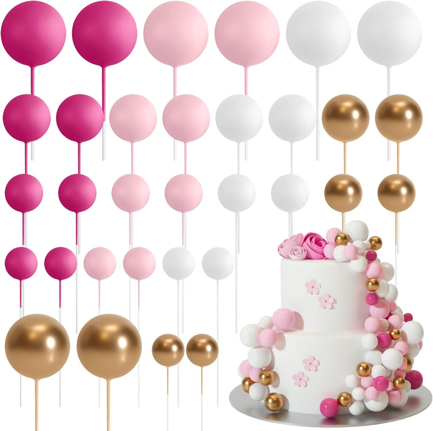 ASTARON 32 Pcs Ball Cake Topper Decorations Mini Balloons Cake Topper Sticks Foam Balls Cake Picks Cake Topper Balls Cake Decorations for Wedding Party Birthday Cake Decorating (Pink Gold)