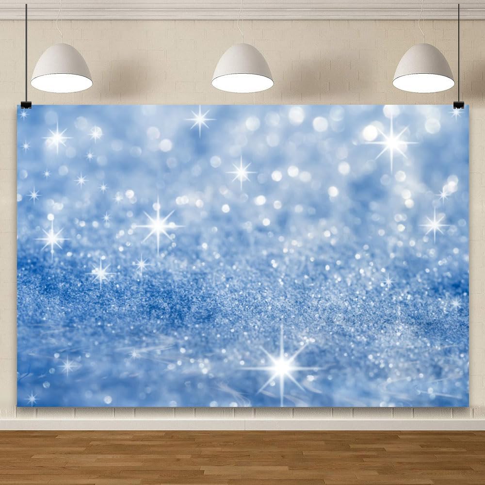YongFoto Silver Blue Glitter Backdrop 8x6.5ft Silver Light Spots Blue Sequin Bokeh Photography Background Birthday Bridal Shower Wedding Photography Background Party Banner Portraits Photoshoot Props