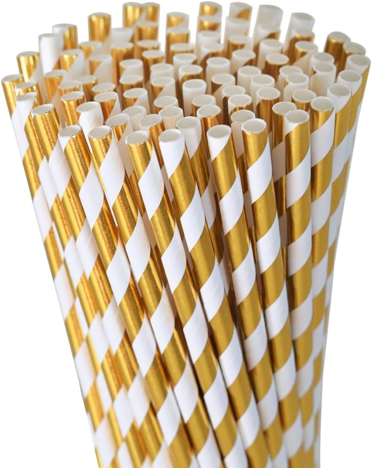 Disposable Gold White Straws - 7.75 Inch Striped Compostable Drinking Straws for Beverages, 100 Pack