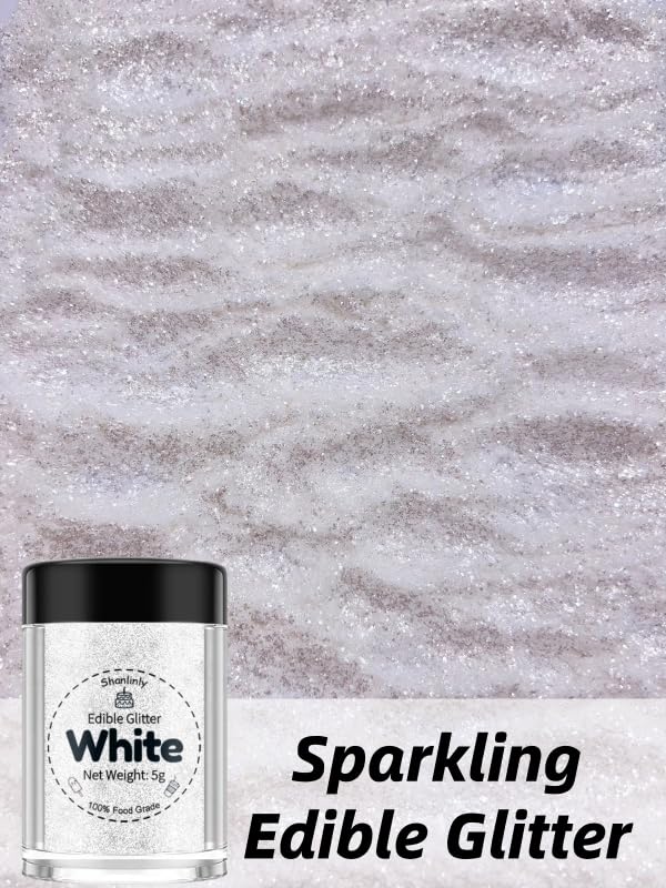 Shanlinly White Edible Glitter for Cakes Drinks - Food Grade 5g Shimmer Luster Glitter Dust Edible Glimmer Powders for Strawberries, Sprinkle on Sparkle, Chocolate, Cookie, Cupcake, Cocktail, Vegan