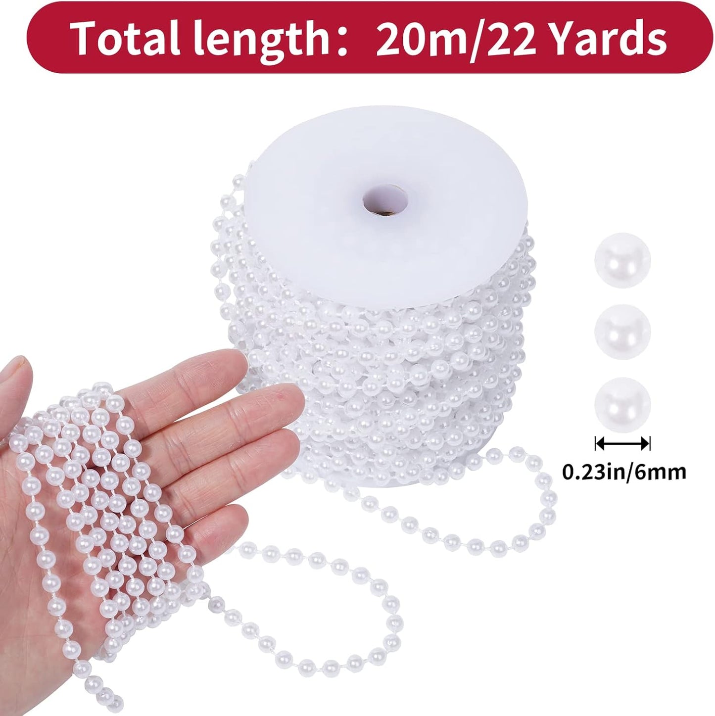Faux White Pearl Bead Garland - 6mm Spool Pearl String Bead Roll, 22 Yards for Wedding or Christmas Tree Decoration