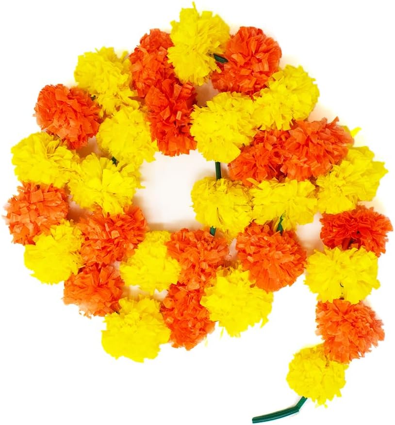Marigold Garlands for Decorations Pack of 5 - Artificial Marigold Flowers for Decorations -Indian Decor for Pooja, Indian Flower Garland (Yellow Orange Combination | 4 to 4.5 Ft) Hashcart®
