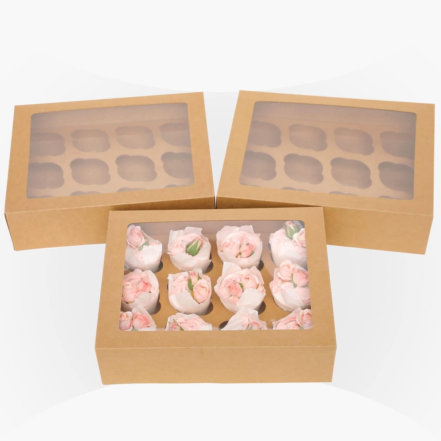 12 Cupcake Containers 20-Packs Brown 12 Count Cupcake Boxes with Window Cupcakes Carrier, 13"x10"x3.5"（Auto-pop up）