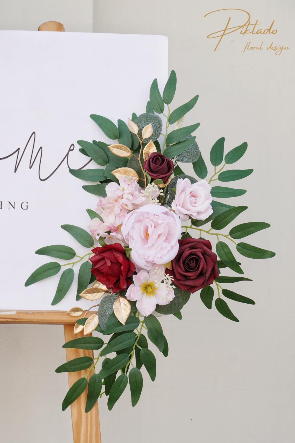 Faux Flower Swag Set of 2 for Wedding Welcome Signs Floral Swag Wedding Reception Ceremony Signs Decor (A-Burgundy Pink)