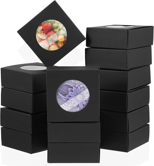 ADLABLD 150 Pcs Small Soap Boxes with Window for Homemade Soap Packaging, 3 * 3 Inch Black Soaps Wrappers Favor Gift Boxes for Homemade Soaps, Candy Chocolate, Bakery Cookies, Party Favor Box