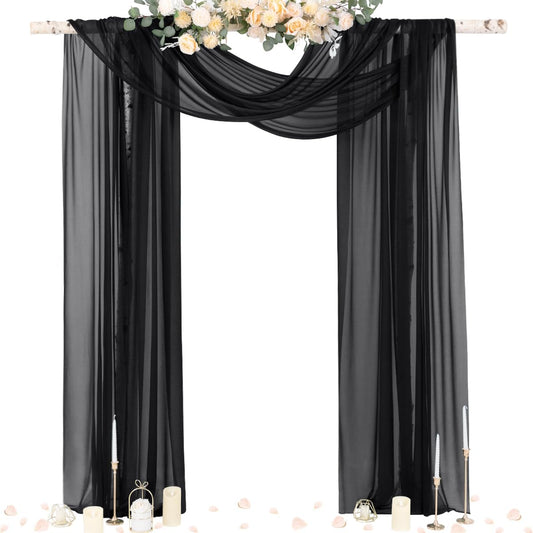 Socomi Black Sheer Gothic Wedding Draping Fabric 29" x 20Ft 4 Panel Outdoor Curtain Arch Drapes Extra Long for Bridal Baby Shower Ceremony Birthday Party Decor