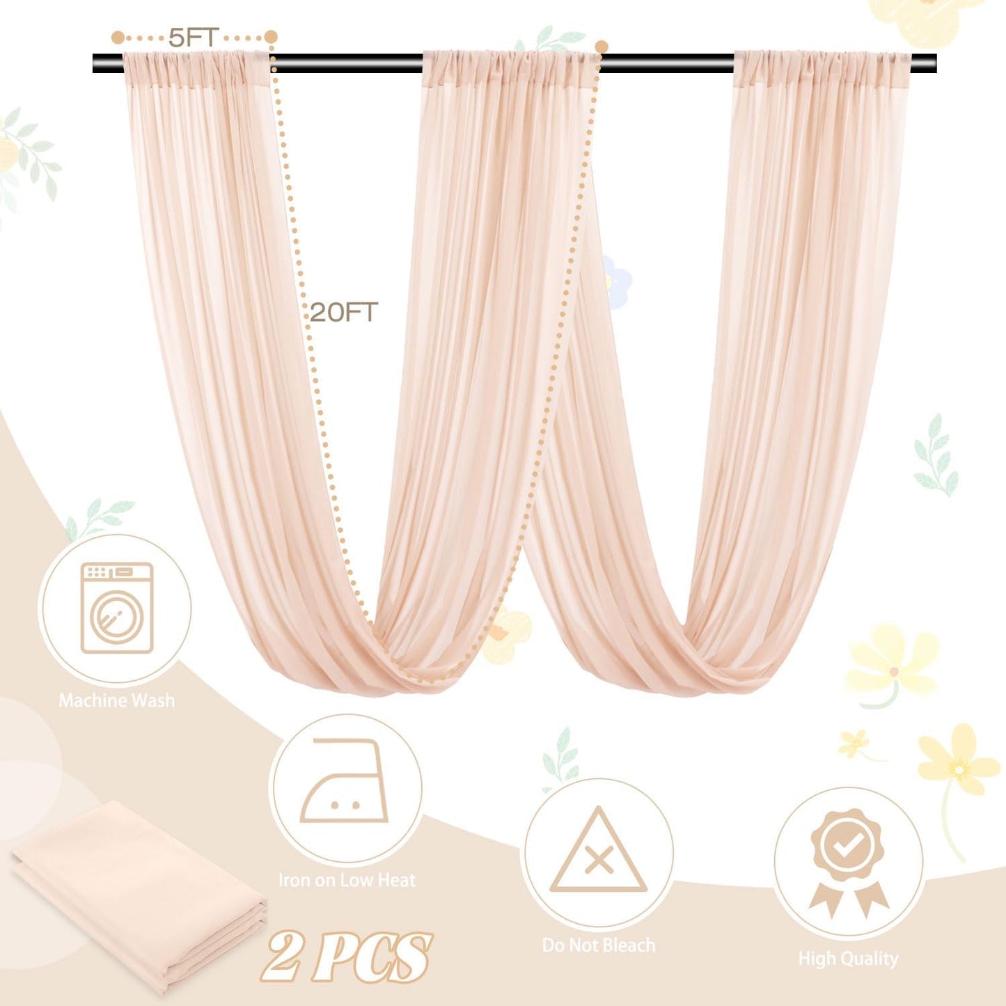 Wedding Arch Draping Fabric 5FTx20FT 2 Panels Ceiling Drapes Champagne Party Decorations Chiffon Backdrop Swag Curtains Sheer Fabric Wedding Arch Drapery Ceiling Tent Drape Decor for Altar Stage