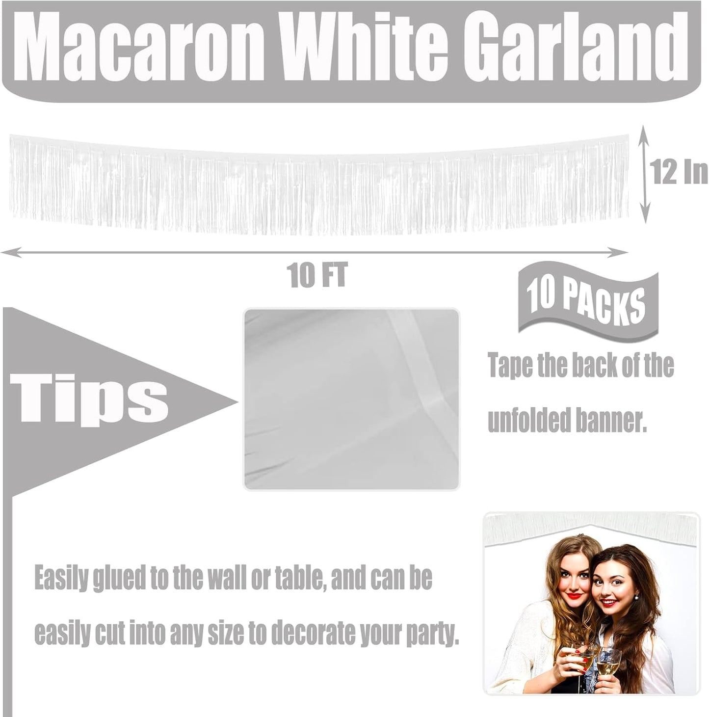 10 Pack 10 Feet Foil Fringe Garland Metallic Tinsel Streamers Banner Wall Hanging Curtain Backdrop for Parade Floats, Bachelorette, Wedding, Birthday, Halloween, Christmas Party Decorations(White)