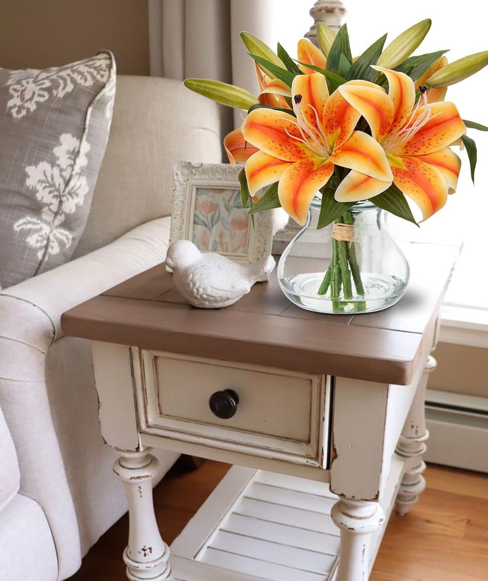 Hollyone Tiger Lily Fall Flowers Artificial for Decoration in Vase Real Touch Orange Autumn Silk Faux Flowers Arrangements with Glass Vase with Fake Water Lily Centerpiece Fall Decorations for Home