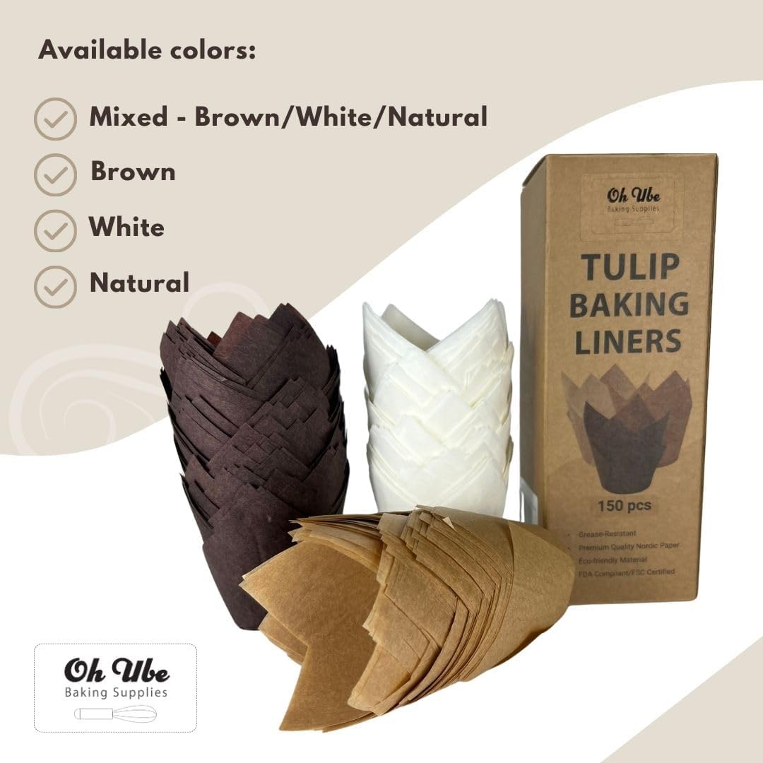 150-Pack Nordic Paper White Tulip Muffin Liners - Odorless, Non-toxic, Grease-Resistant, White Cupcake Baking Cups for Standard Size Muffin Pans for Birthdays, Weddings, Easter