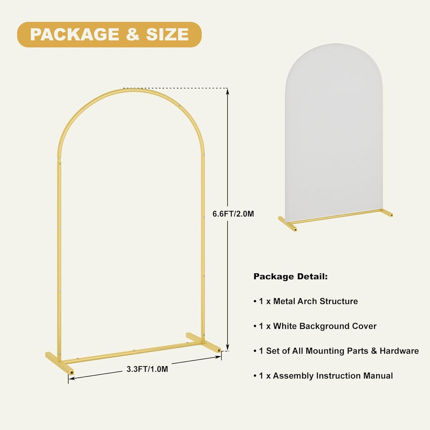 UDEAR 6.6FT Metal Arch Stand with White Cover, Arc Design with Fitted Cover, for Weddings, Parties, Baby Showers, Climbing Plants, Photo Backdrops