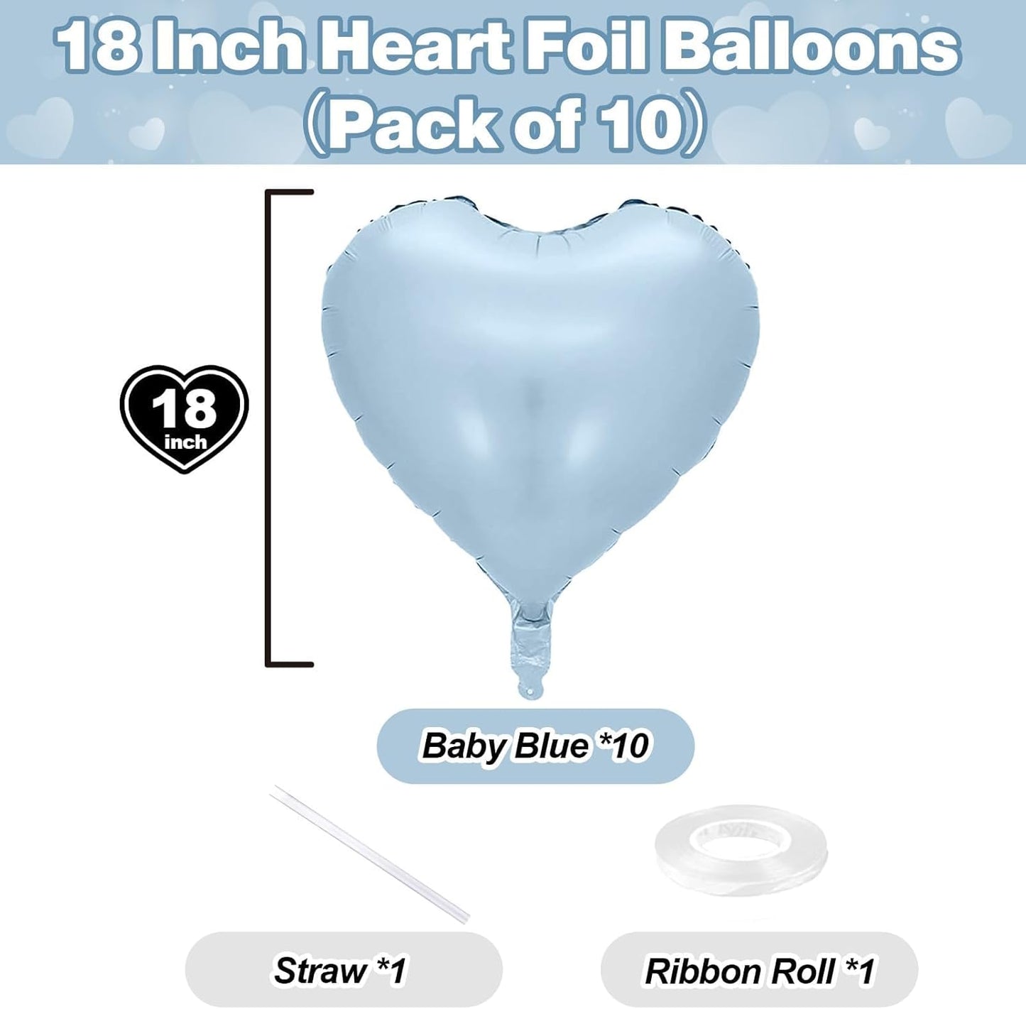 Baby Blue Heart Foil Balloons, 10PCS Light Blue Heart Shape Balloon, 18Inch Large Heart Polyester Film Balloon for Birthday Baby Shower Graduation Wedding Bridal Retirement Winter Party Supplies