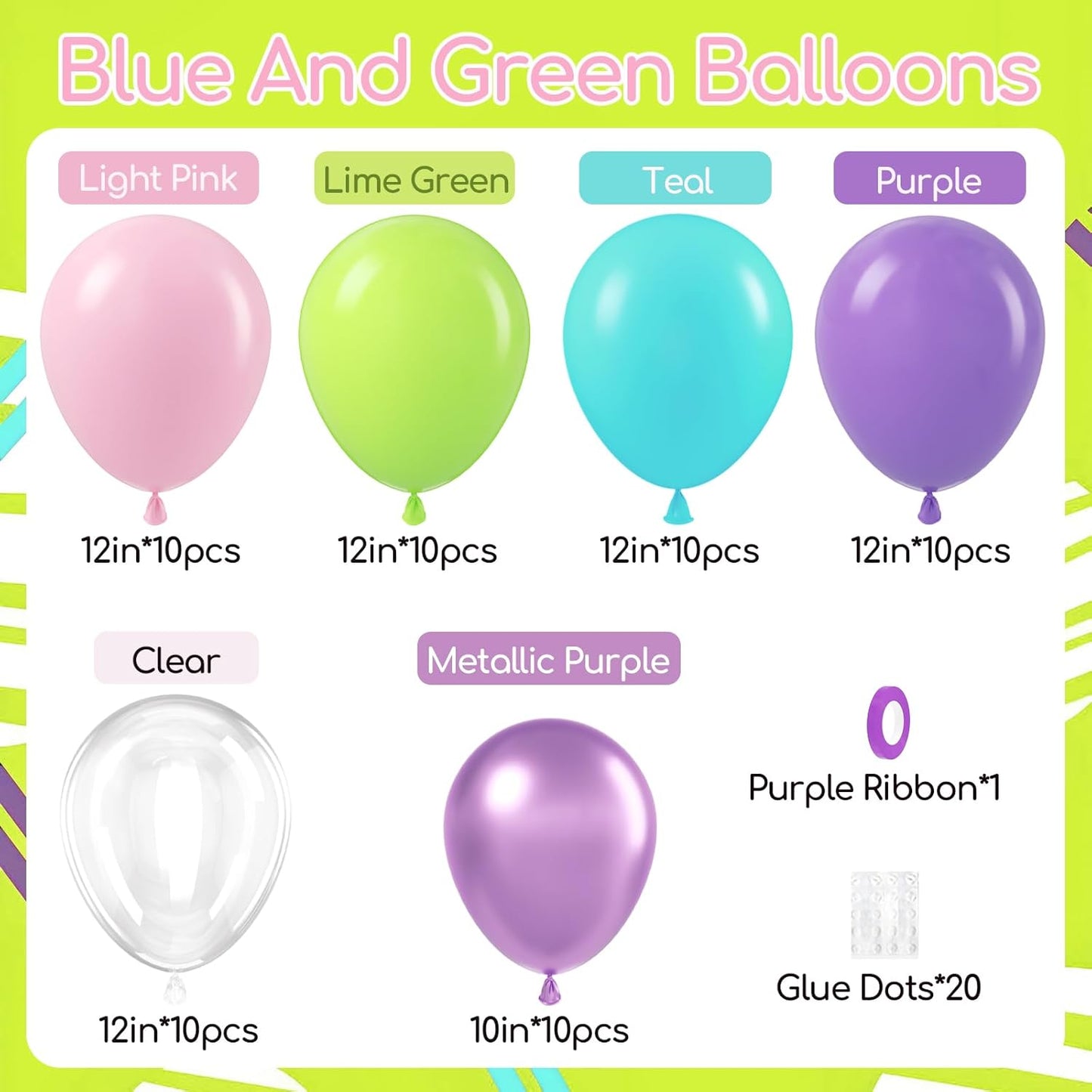 60pcs Blue and Green Balloons 12inch with Metallic Purple Lime Green Teal Light Pink Clear Balloons for Baby Shower Birthday Party Decorations