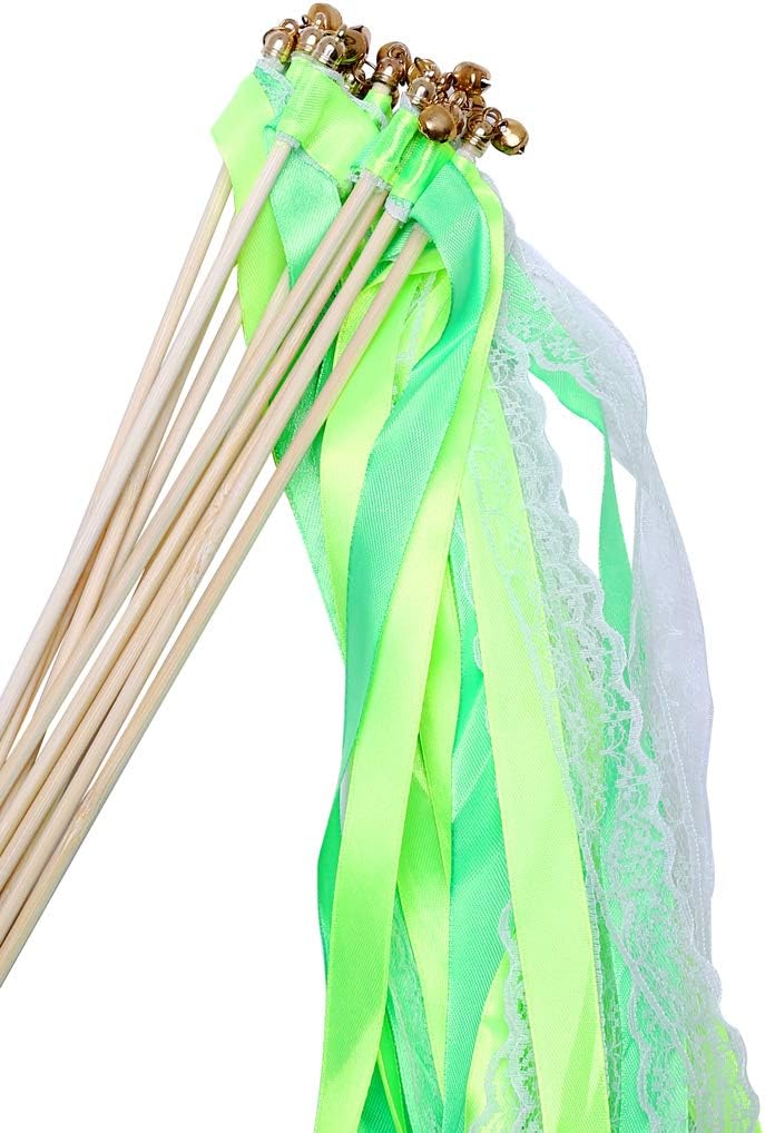 30pcs Lace Ribbon Stick Wands Christmas Birthday Party Streamers Wands Fairy Stick for Wedding Activities (Green+Lace)