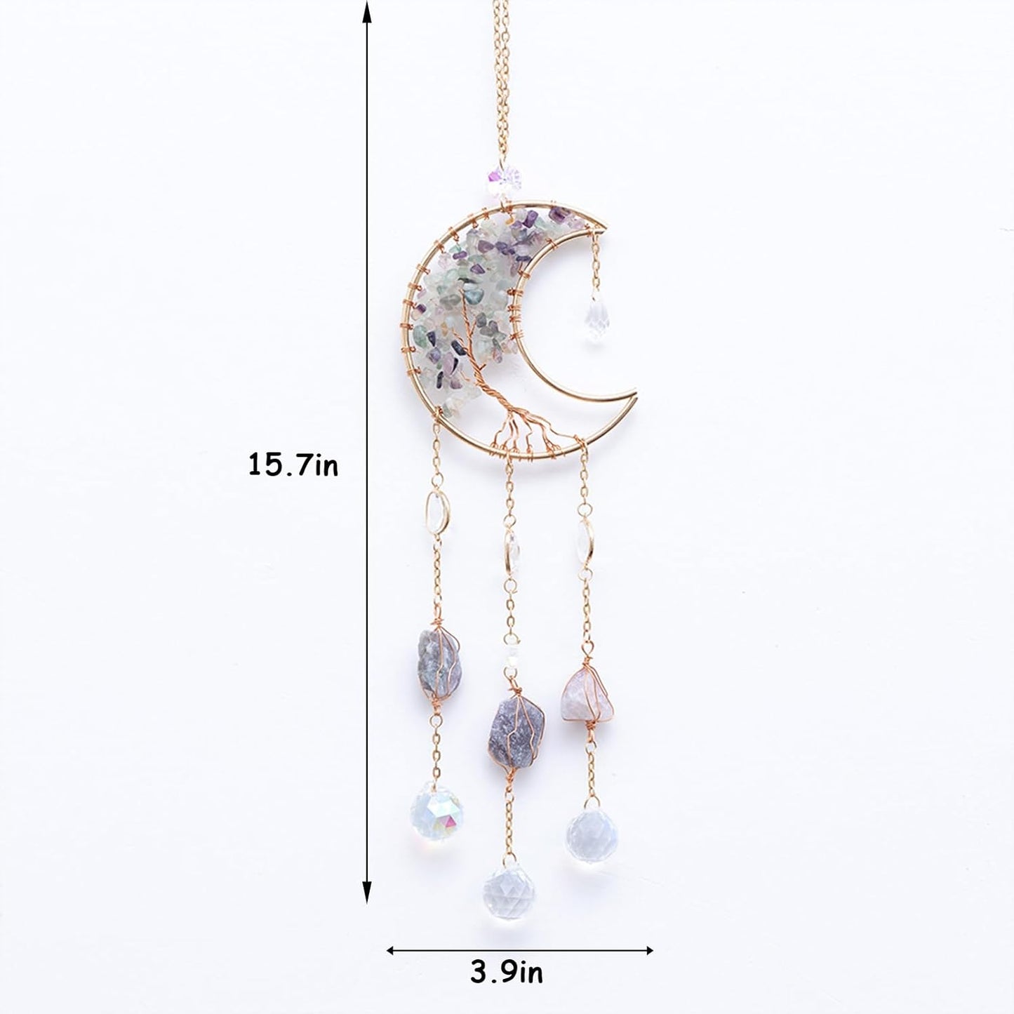 TUOKING Crystal Moon Suncatchers for Window Hanging Tree of Life Natural Healing Stones Wind Chimes Sun Catcher Rainbow Maker Good Luck Gifts Decor for Home Garden