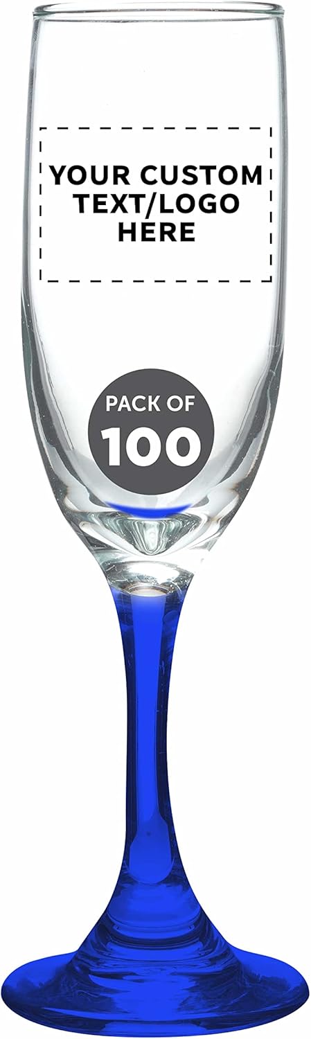 DISCOUNT PROMOS Custom Premiere Champagne Flutes 6.25 oz. Set of 100, Personalized Bulk Pack - Elegant Drinkware for Weddings, Events, & Promotional Gifts - Blue