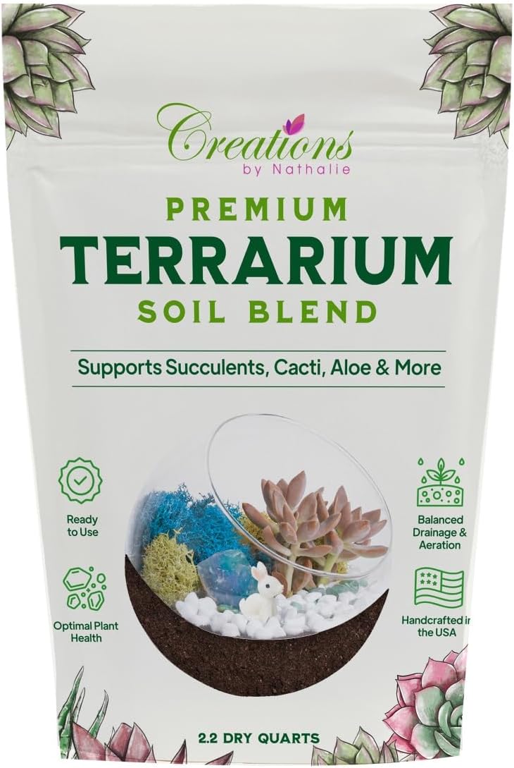 Terrarium Soil Blend - Well Draining Potting Soil for Live Succulents, Cactus, Aloe - Terrarium Supplies, Natural Pine Bark, Peat, Coarse Sand - Indoor Planting Mix Bag